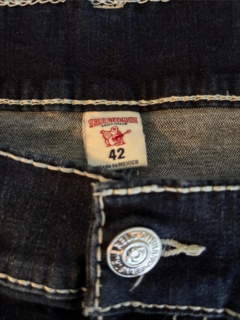 True Religion Mens Straight Flap Natural Big T Jean Sz 42X33 Dark Wash Stretch